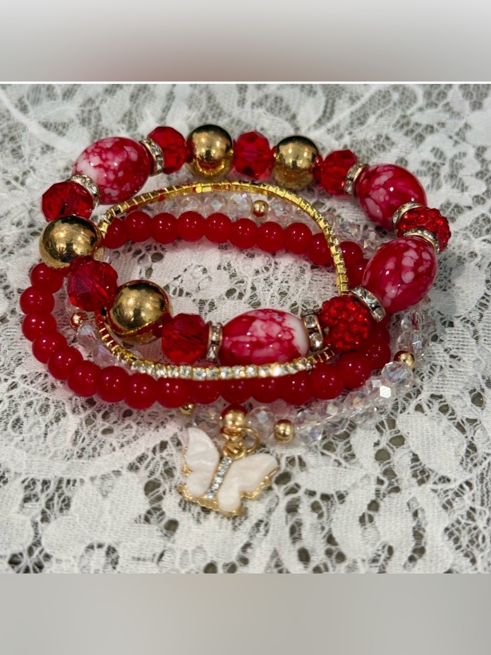 Red Beaded Multi-Strand Bracelet Set with Gold Accents and Butterfly Charm